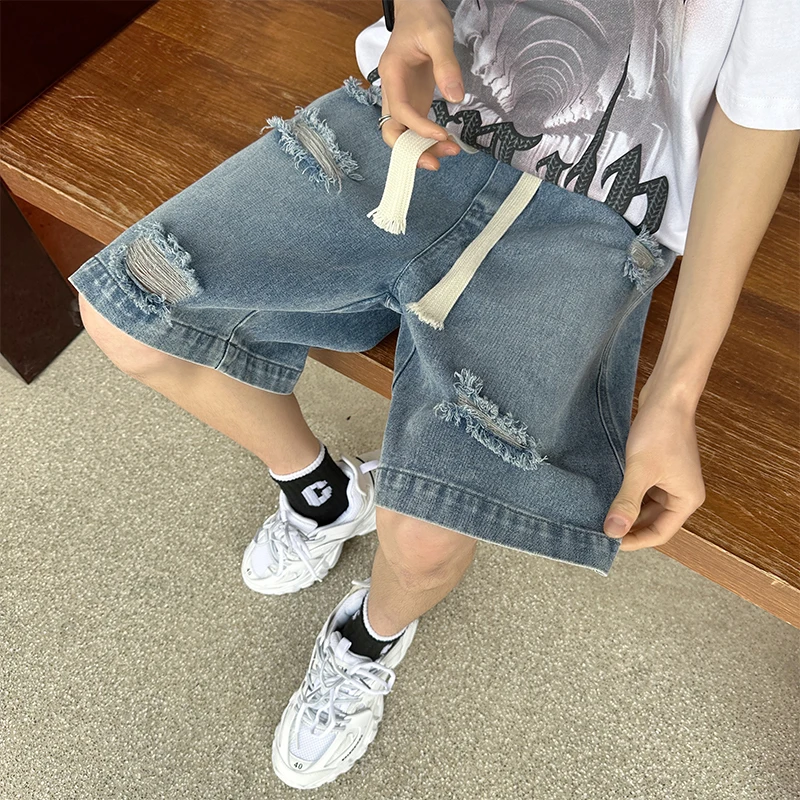 

Washed Distressed Straight Leg Men's Jeans Summer Loose Casual Five-Quarter American Retro Drawstring Shorts Youth Fashion