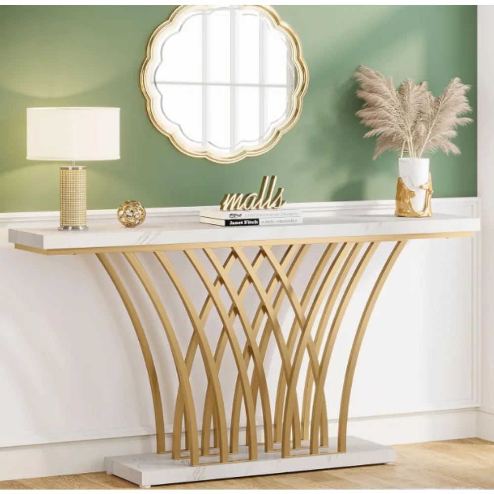 US 59 inch Gold Console Table, Modern Entryway Table with Grid-Shaped Metal Base for Entrance, Hallway, Entryway, Living Room