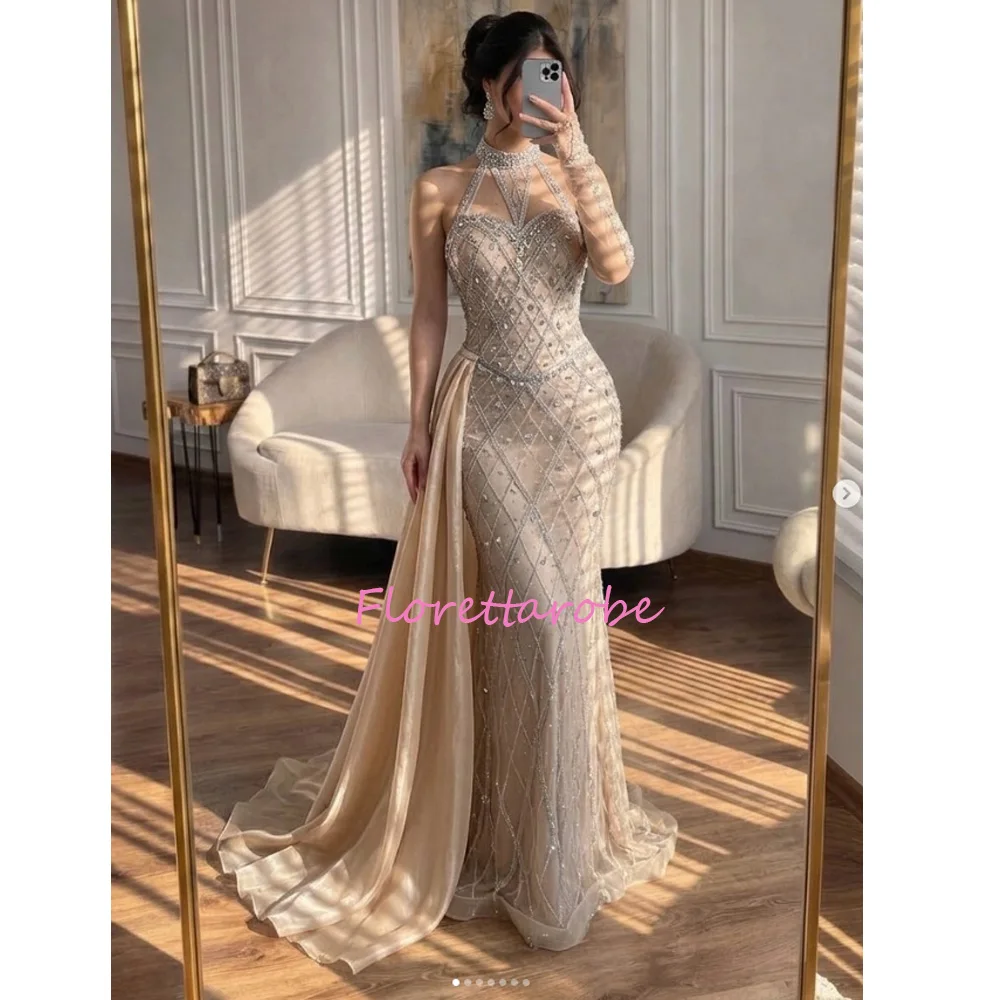 Luxury Nude Halter Neck Crystal Beaded Mermaid Evening Dress Formal Prom Gown  Customized Customized