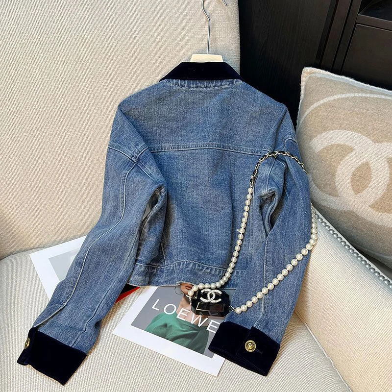 Vintage Cropped Denim Jacket Women Patchwork Long Sleeve Jeans Coat Streetwear Korean Pockets Casual All Match Chic Outerwear