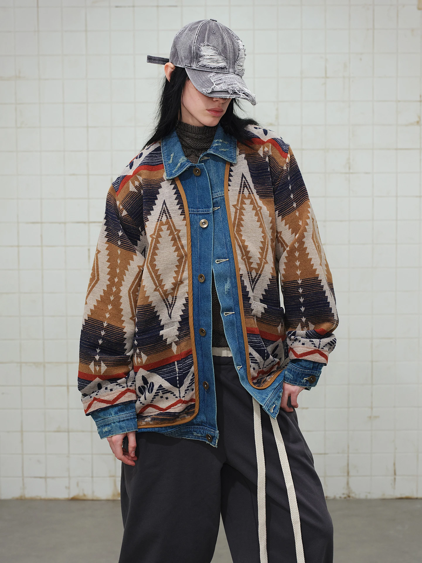 

Waed Denim Jaet American Retro Ethnic Splicing Loose Collar Spring Outerwear for Couples Youth Faion Spring Jaet