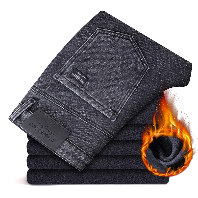 

Мужские эластичные джинсы, зимние флисовые толстые модные тонкие удобные теплые бархатные джинсовые брюки, мужские брендовые плюшевые прямые брюки