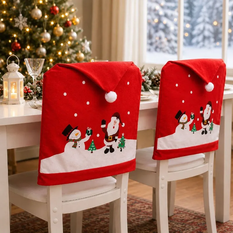 Christmas Santa Chair Covers Red Santa Chair Back Cover with Snowman Print Xmas Dining Chair Slipcover for Home Party Decoration