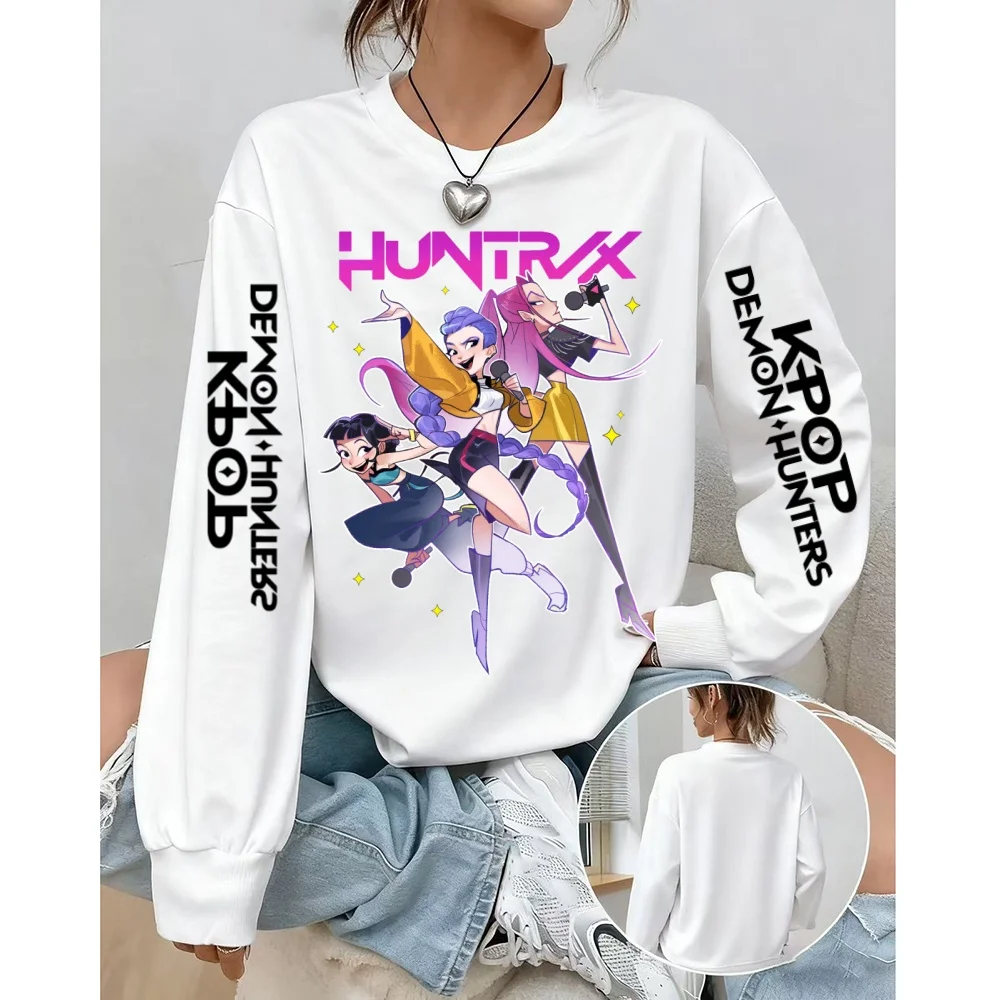 ملابس رياضية نسائية عصرية KPop Demon Hunter مطبوعة بلوفر كاجوال برقبة دائرية كبيرة الحجم مع قلنسوة ملابس نسائية