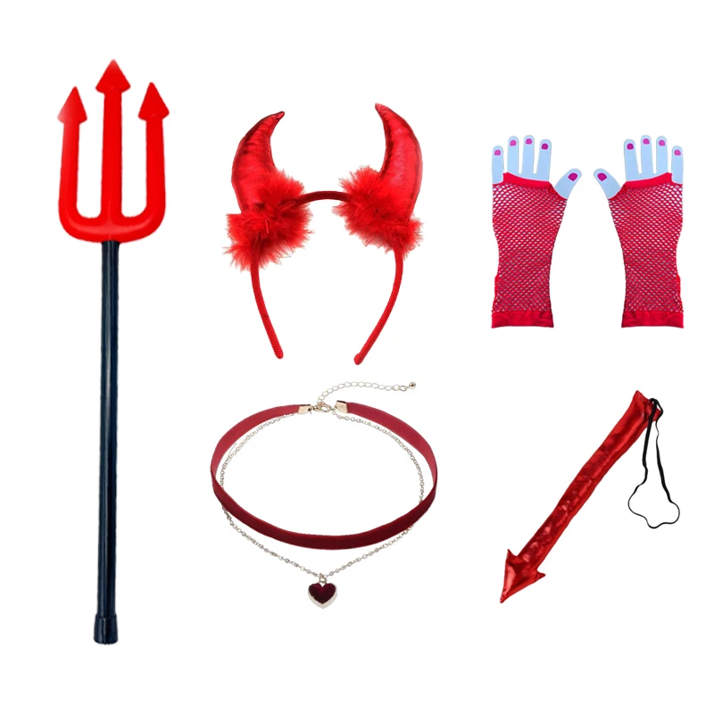 PESENAR Red Devil Costume Accessories, Infernal Feather Wings Horn Headband Trident Self Adhesive Face Gems Jewels Wound Tattoos