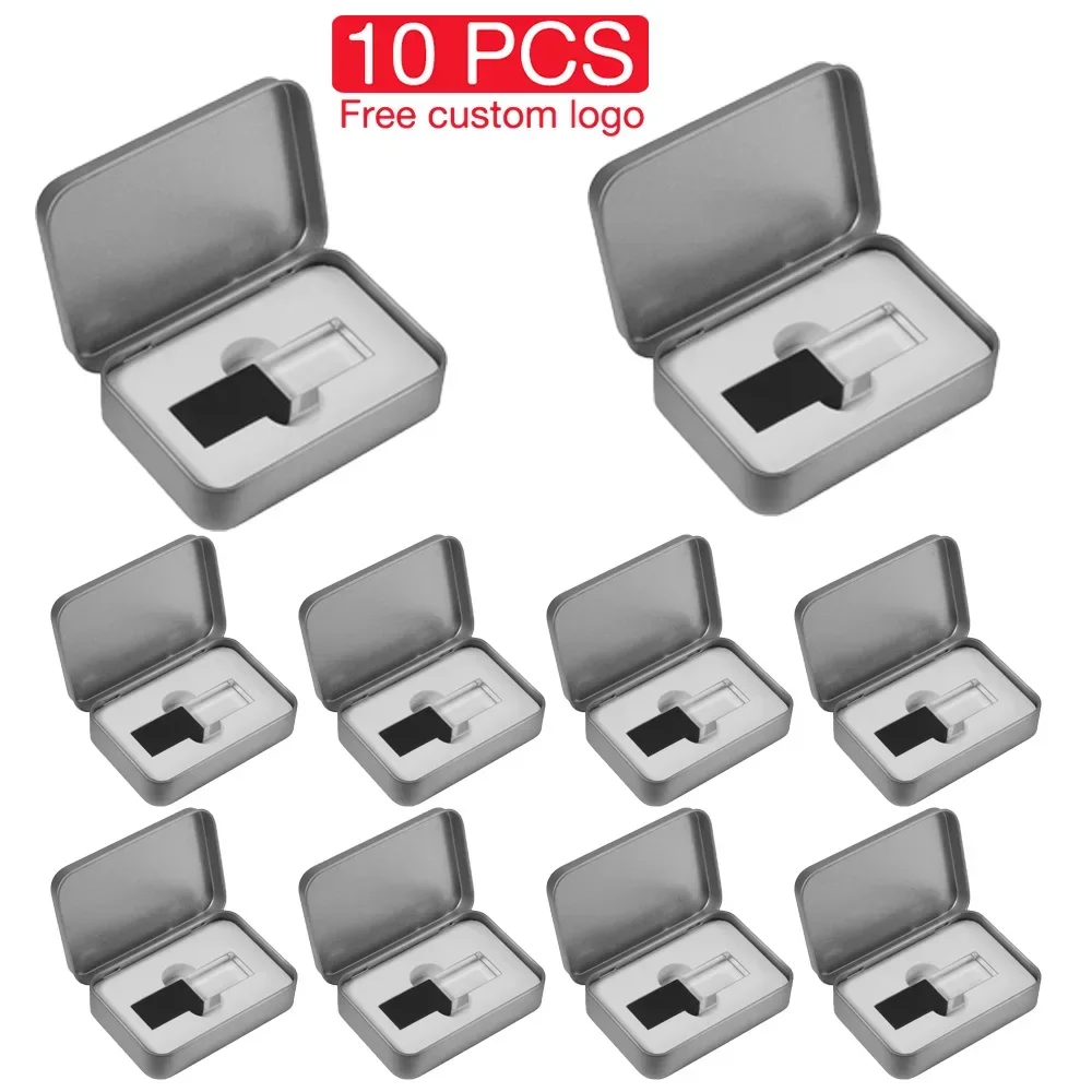 10 PCS Lote USB Flash Drive Memory Stick Free Custom Logo Metal Box Crystal Pen Drive Storage Device Pendrive 128GB 64GB 32GB
