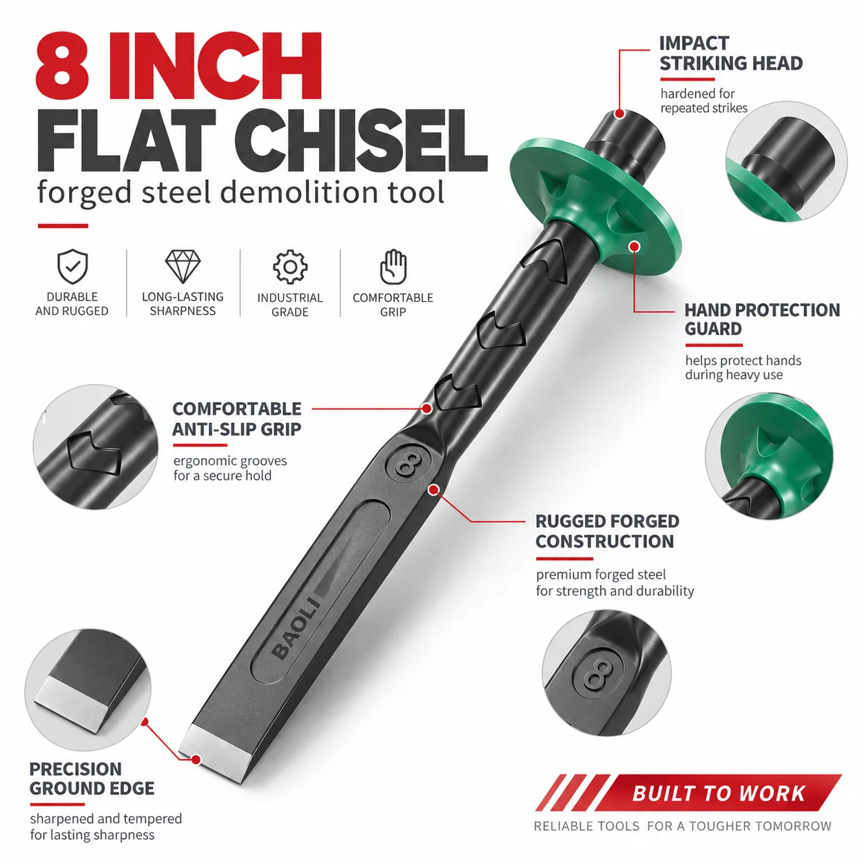 6/8/10 Inch Chrome Vanadium Steel Stone Flat Chisel With Hand Guard Construction Cement Masonry Concrete Engraving Cut Tool