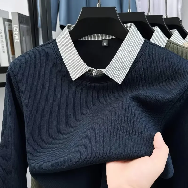 High quality fake two pieces lapel pullover men's new fashion skin friendly comfort plush warm luxurious trend casual sweater