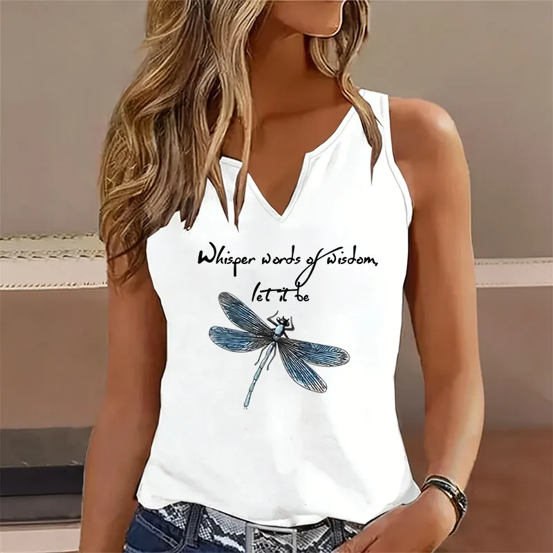 Retro Let It Be Butterfly Sleeveless Tank Top T-shirt V Neck Casual Graphic Vest T Shirts Women Short Sleeve Tee Shirt V-Neck