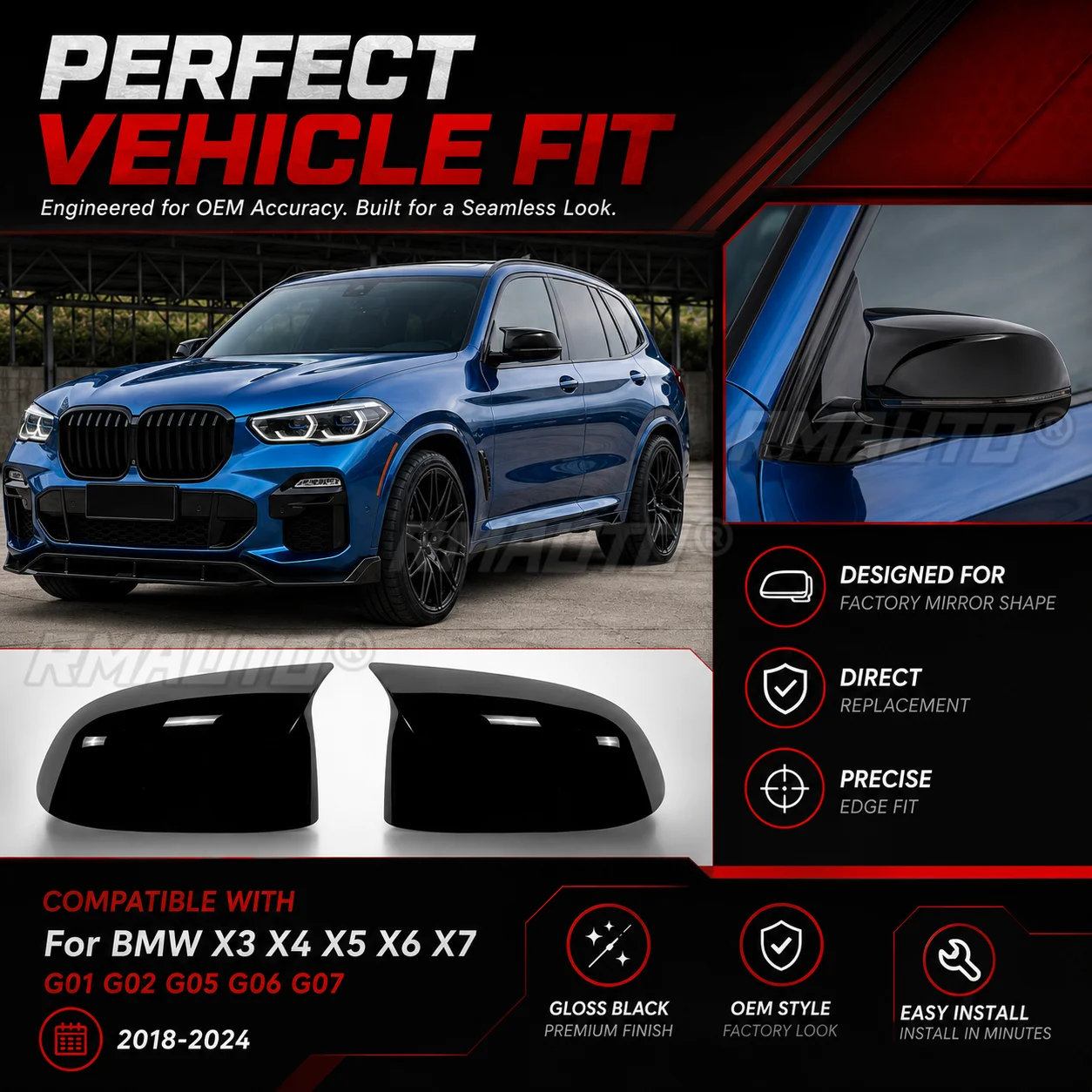 Gloss Black Horn Style Mirror Cover Replacement For BMW X3 X4 X5 X6 X7 G01 G02 G05 G06 G07 2018-2024 Car Accessories
