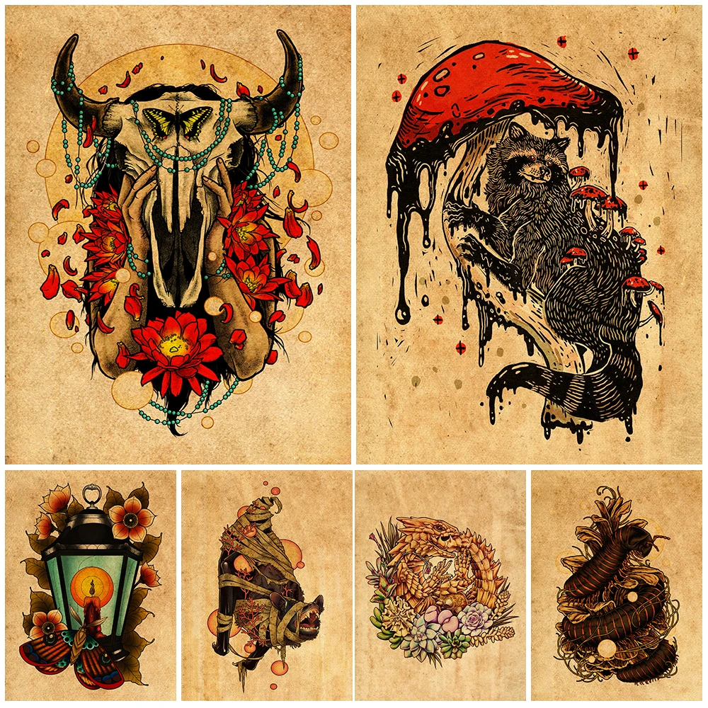 

Raccoons With Poisonous Mushrooms And Bat Mummy Vintage Wall Art Canvas Painting Moth And Buffalo Girl Art Print Room Decoration