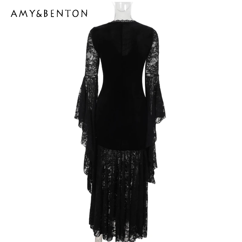 

Gothic Original Design Black Sweet Cool Sexy Subculture Party Gown Dresses Ladies Punk Dark Lace Hollow Out Women's Long Dress