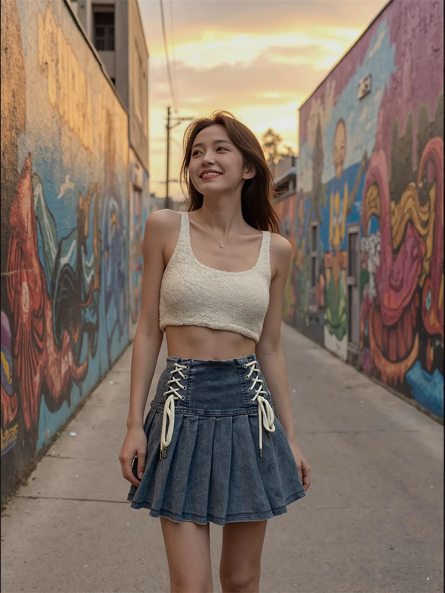 

Denim Lace-up Mini Skirts Womens Pleated Layered Chic Elegant Patchwork Applique Buckle Waist College Boho Trendy Textured