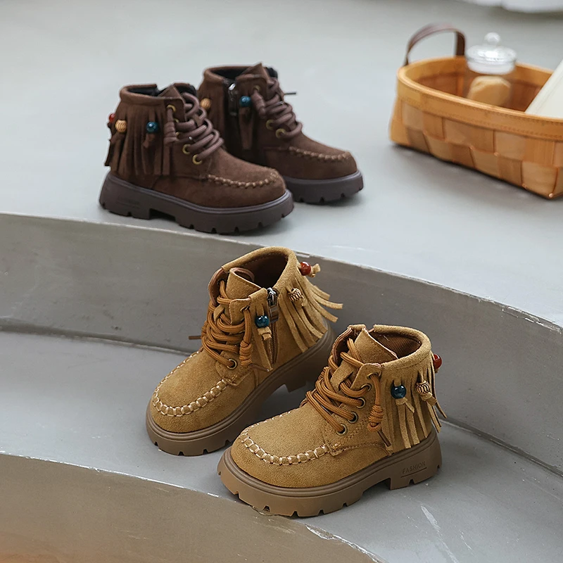 

Spring Autumn Children's Platform Ankle Boots Retro Tassel Girls Fashion Boots School Outdoor Kids Causal Short Leather Boots