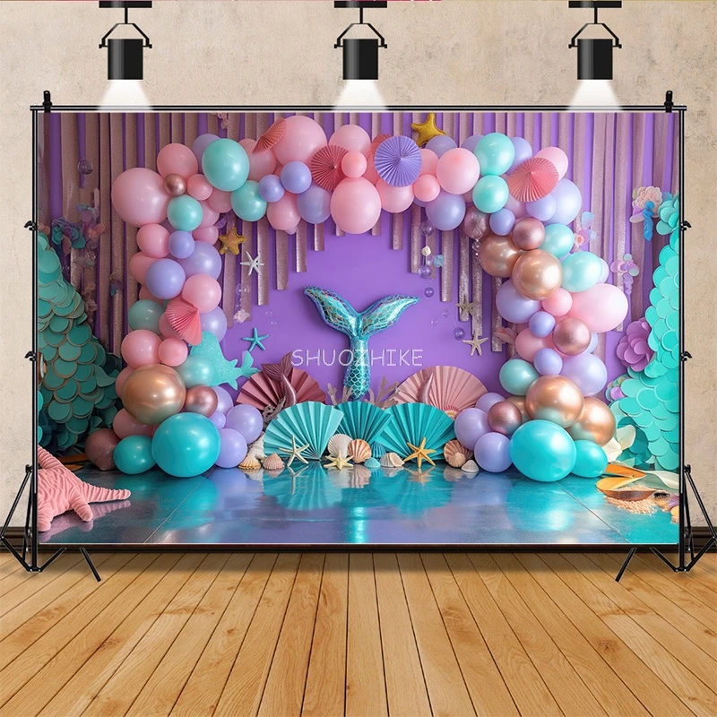 

Fairy Castle Mermaid Seashells Circus Tent Photography Backdrops Balloons Birthday Party Decor Photo Studio Background NR-06