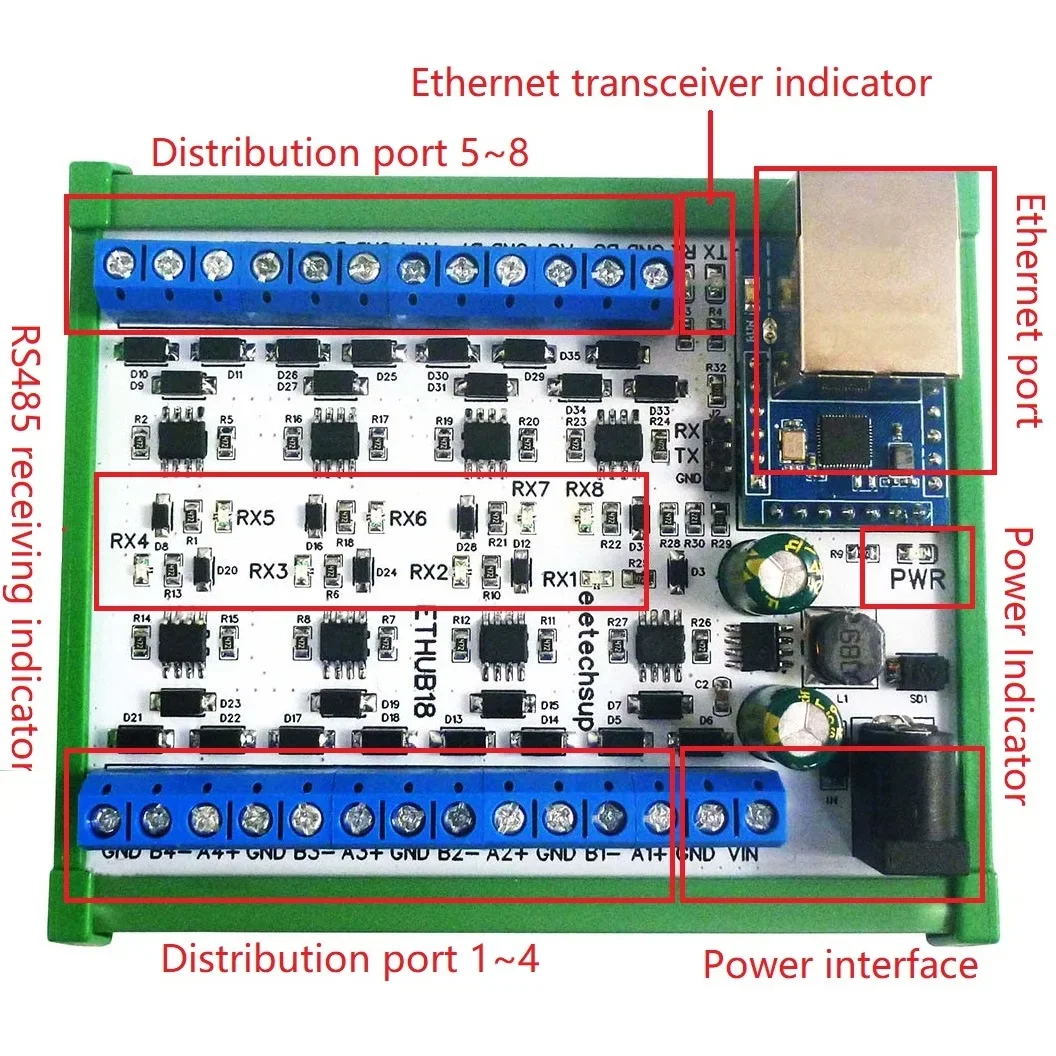 

High-Quality 1 to 8 Port Industrial Ethernet to RS485 HUB Converter for Modbus TCP RTU MQTT HTTP PLC Setup, DIN Rail Mountable