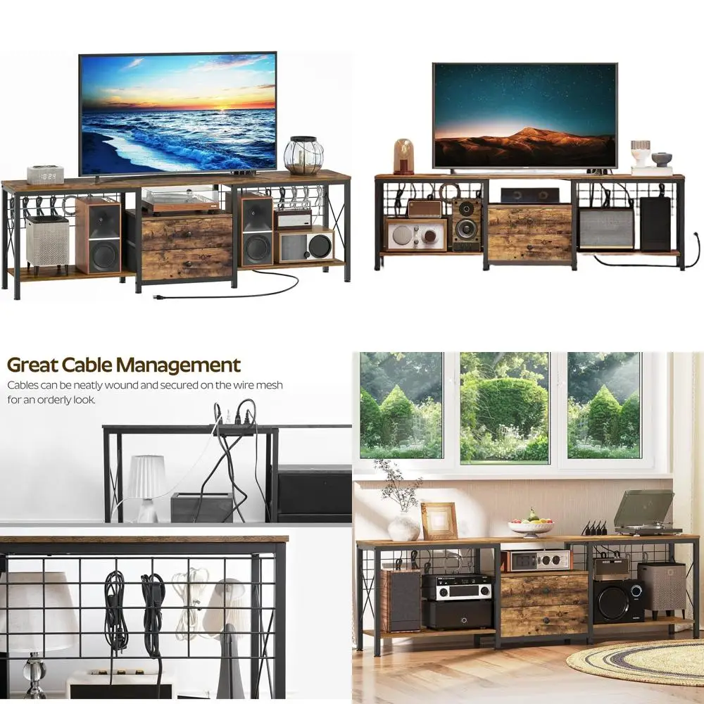 

75 TV Stand with Drawers, Cable Management, Open Shelves, Living/Bedroom Entertainment Center