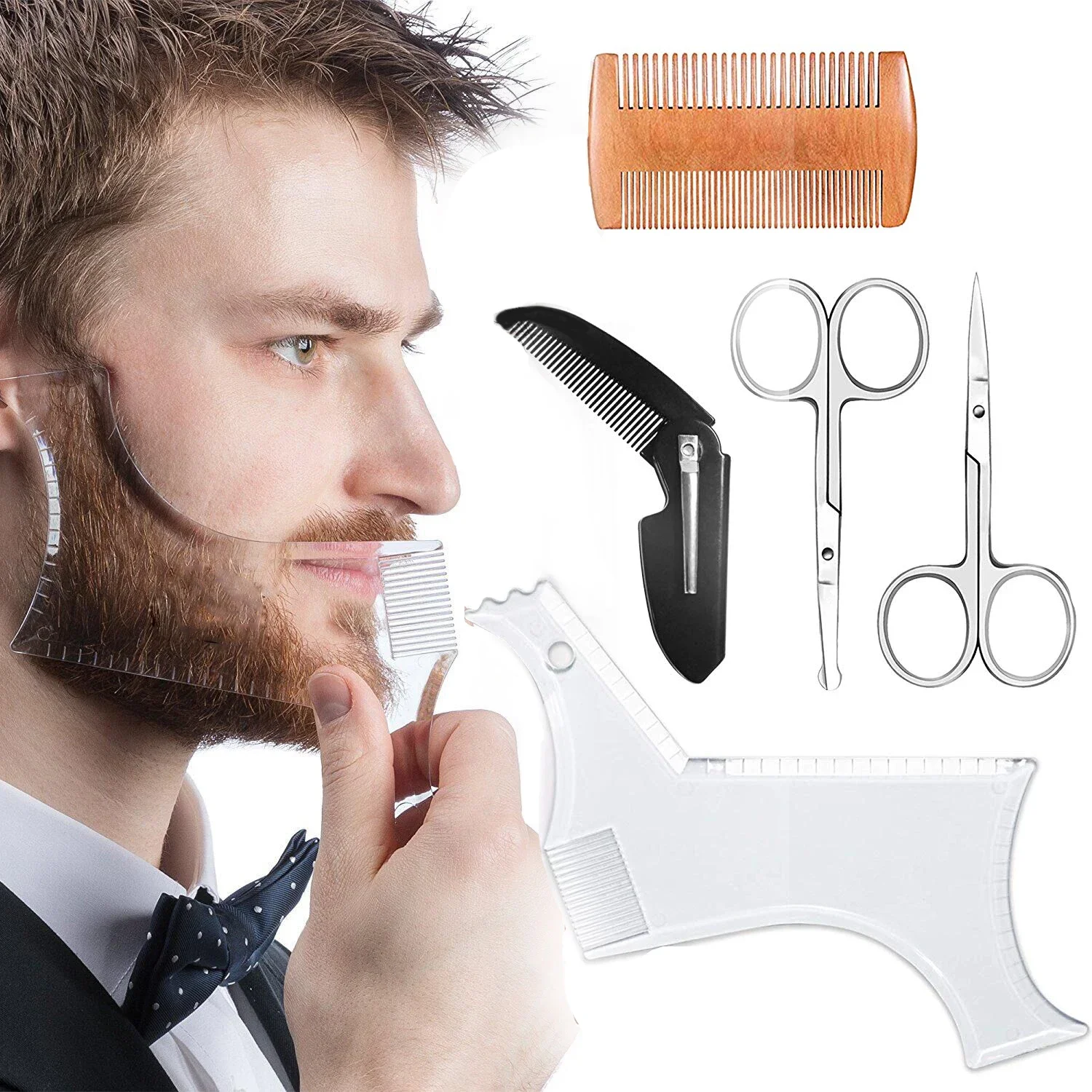 Beard Kit Man Beard Care Set Beard Styling Comb Double-sided Wooden Comb 2Pcs Small Scissors Trumpet Folding Comb Combination