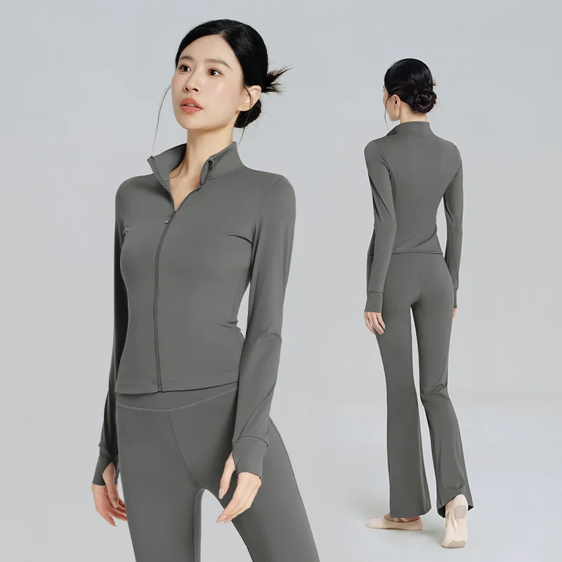 

Women Dance Sets Long Sleeve Workout Coat Zipper Dance Outfits Separate Suit Fall Winter Dance Tops and Flared Pants Sports Wear