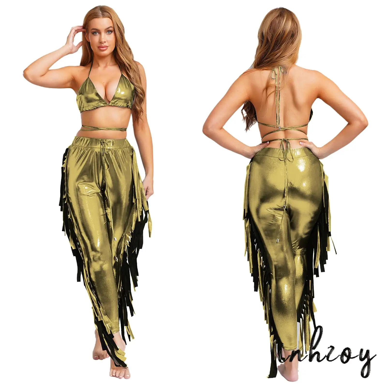 

Sexy Womens Metallic Shiny Stage Outfits Lace-up Bra Tops And Fringe Jogger Pants 2-piece Suit Hippy Pole Dance Costume for Club
