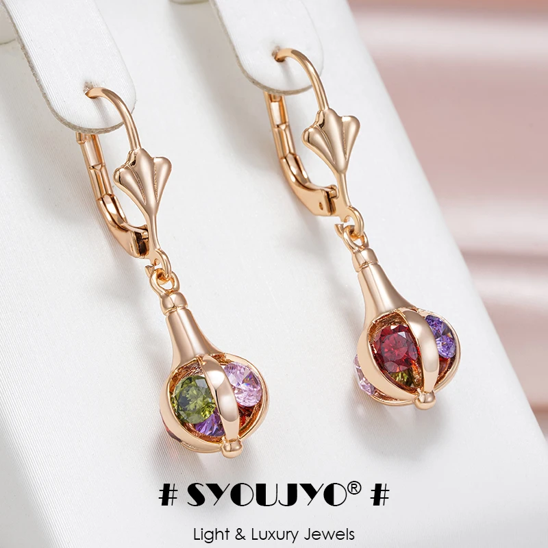 SYOUJYO Red Natural Zircon Long Earrings For Women 585 Rose Gold Color Luxury Party Fine Jewelry Gift