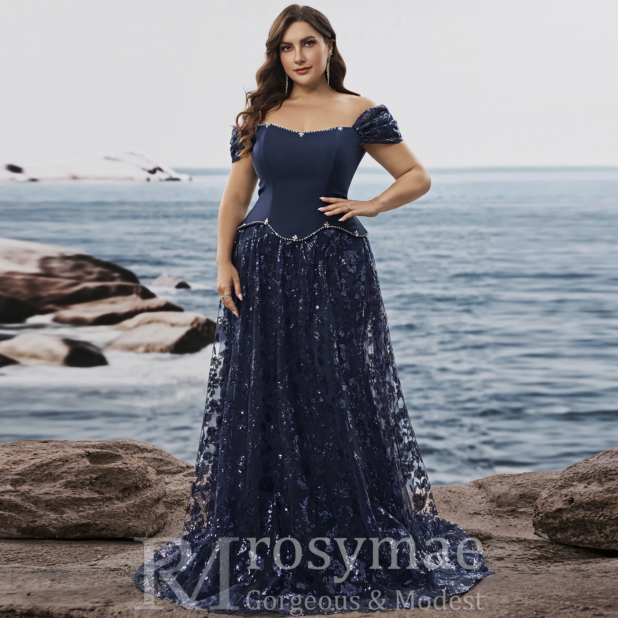 Rosymae vestidos formales de talla grande azul marino vestidos largos de fiesta de boda de lujo para mujer