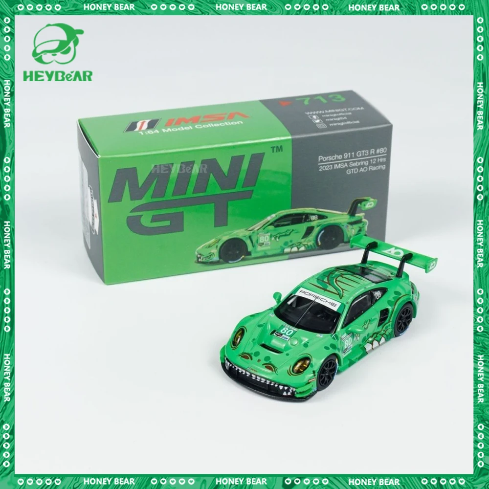 Mini Gt Car Porsche 911 Gt3 R Miniature Model Auto Mode #80 Green Dinosaur Paint Alloy Car Figure Collection Desk Decor Toy Gift