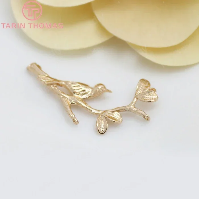 (190)6PCS 15x32MM 24K Champagne Gold Color Plated Brass Branches and Birds Connect Charms High Quality Diy Jewelry Accessories