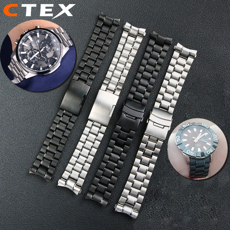 For Seiko Longines Timex Citizen Casio Curved End Stainless Steel Strap Men 20mm 22mm 24mm High Quality Metal Watchband Bracelet