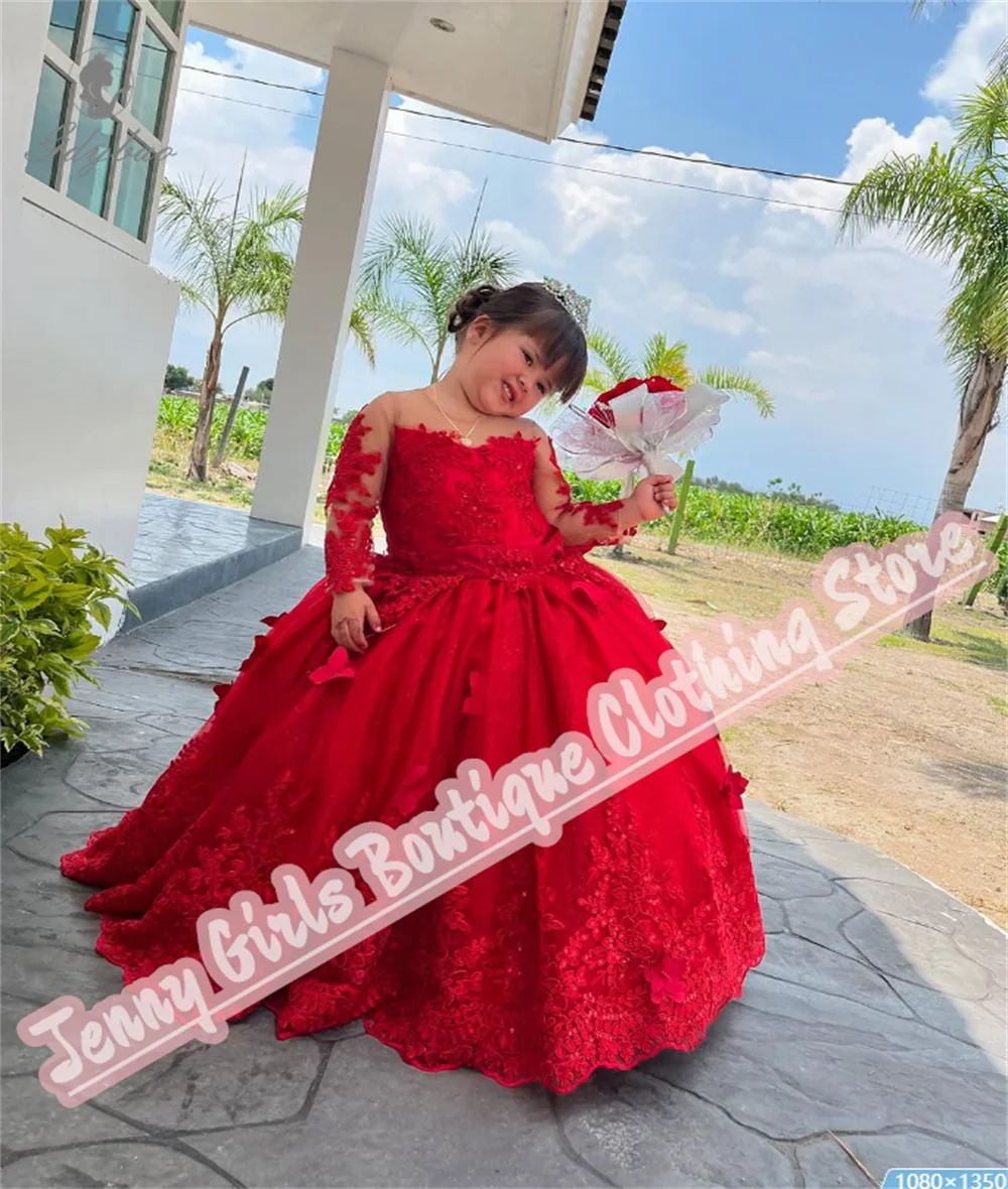 Red Long Sleeve Elegant Girl Prom Flower Girl Dress Fluffy Big Bow Trailing Wedding Formal Event Dinner Dress