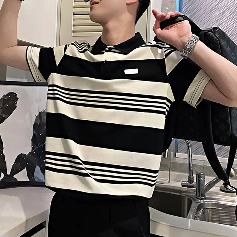 Stylish Striped Button Polo Shirts Korean Men's Clothing Contrasting Colors Short Sleeve Summer Commute Polo-Neck Slim T-shirts