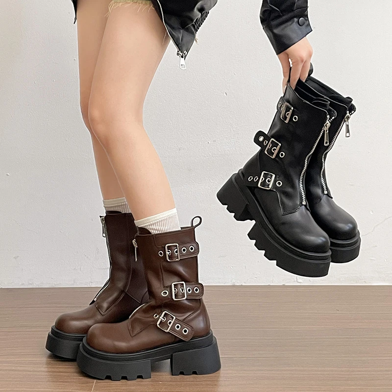 Women Platform Mid Calf Boots Metal Buckle Zipper Thick Sole Non Slip Leather Motorcycle Boots Casual Winter Ladies Footwear