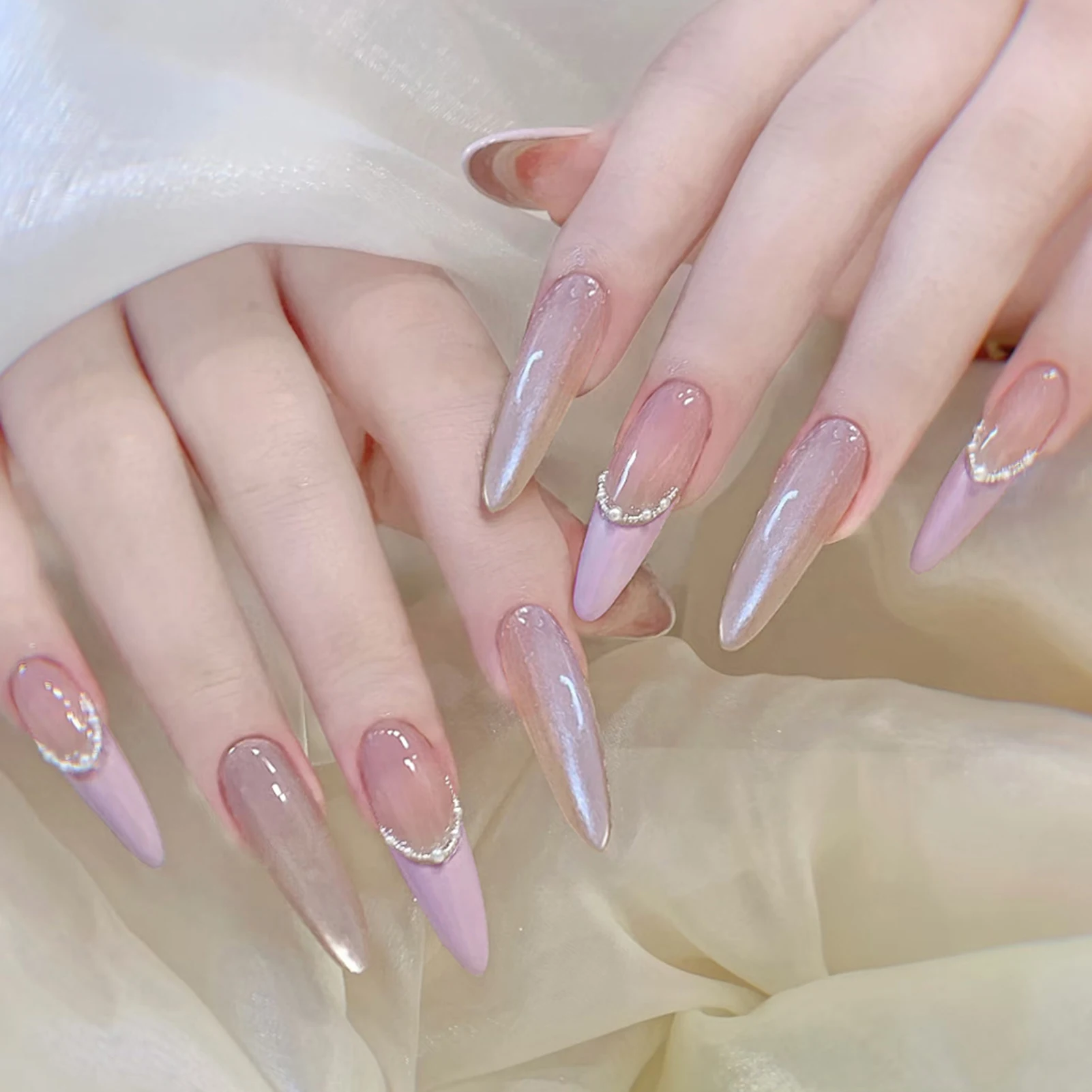 طويل خنجر الأظافر وهمية 24 قطعة الأرجواني الفرنسية الصحافة على الأظافر لطيف المرأة سحر مانيكير لامعة عيون القط/الخرز ديكور رسومات أظافر #1