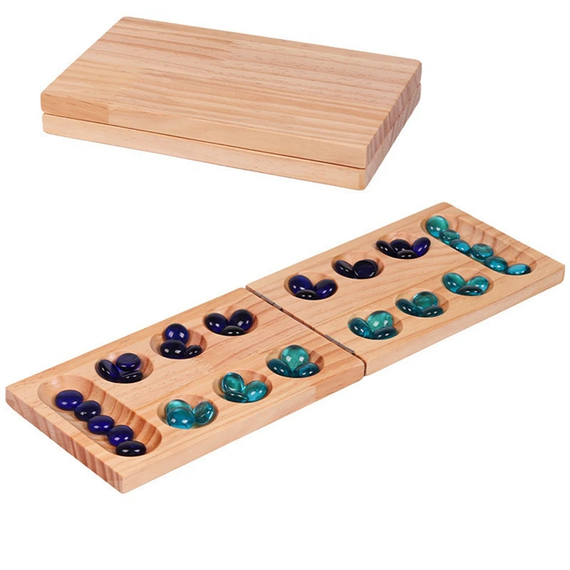 Foldable Wooden Mancala Board Game For Ages 7+ Multi-Color Beads Classic Strategy Game For Family, Party, And Travel