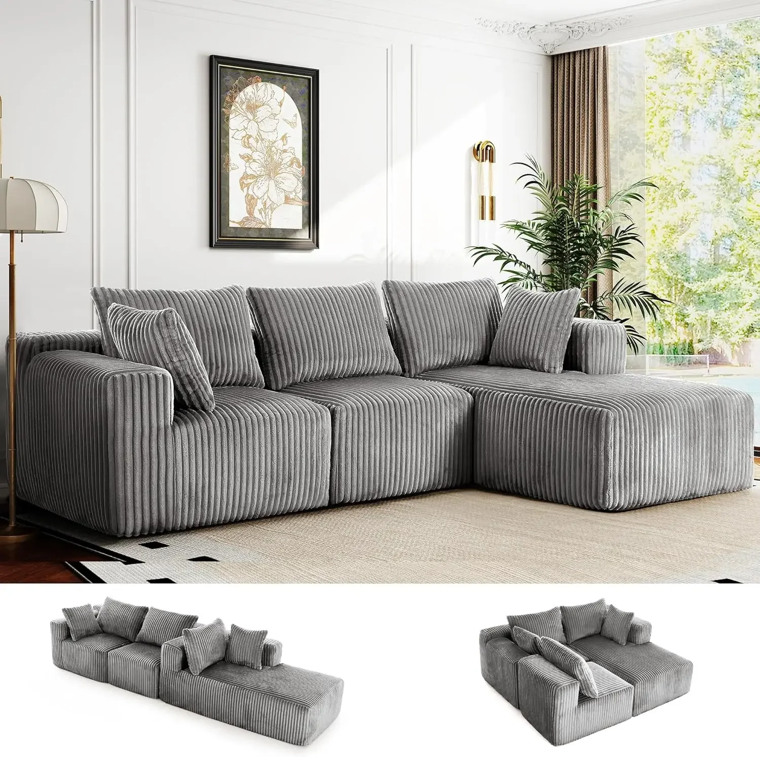 Sofá comprimido de 118 pulgadas para sala de estar, sofá sin hueso en forma de L, sofá seccional Modular, sofás de espuma viscoelástica con chaise