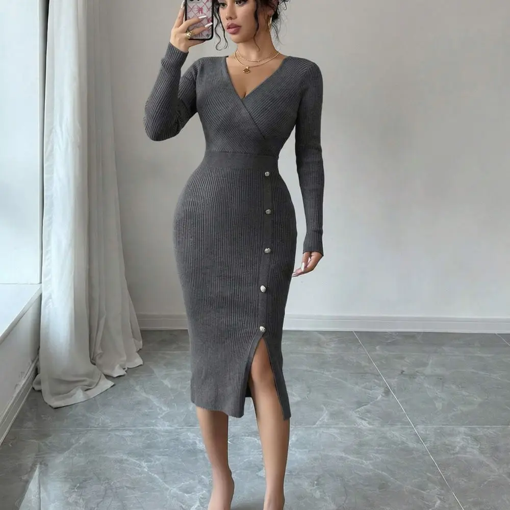 Elegant French Knit Slim Dress Women Autumn Winter Long Sleeve V Neck Bodycon Casual Office Commuter Base Layer Dresses