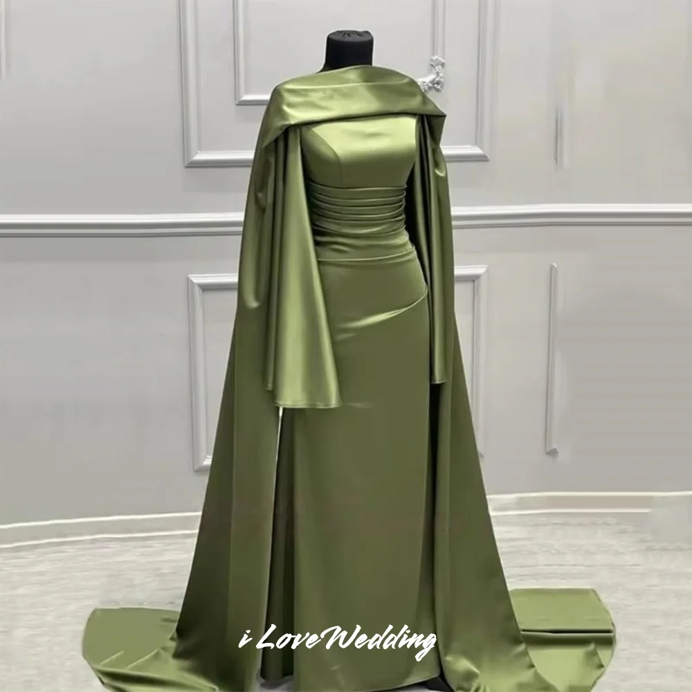 

Olive Green O-Neck Evening Dress 2025 Satin Long Sleeve Shawl Mermaid Sweep Train Prom Dress Floor-Length Pleat Dubai Customized
