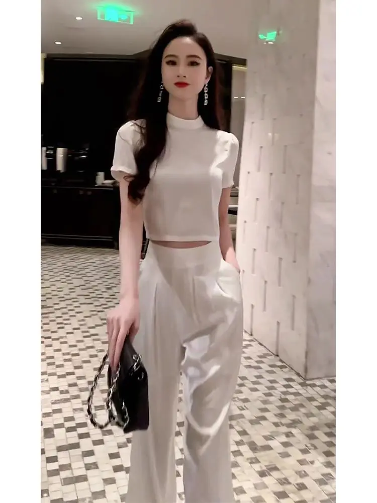 새로운 여름 럭셔리 여성의 두 조각 세트 하이 엔드 짧은 소매 자르기 탑 블라우스 + 높은 허리 넓은 다리 바지 우아한 패션 정장