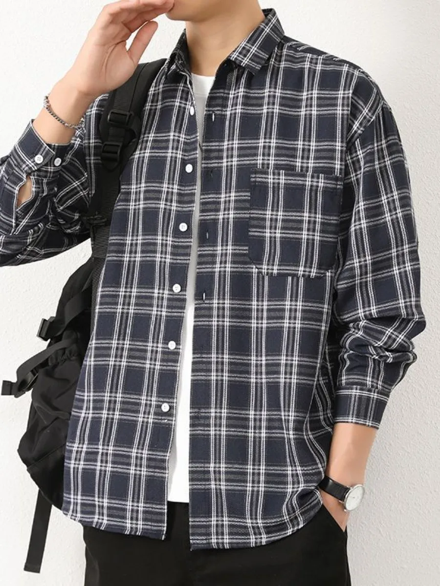 

Retro Plaid Long Sleeve Shirt Men's Loose Casual Spring Autumn Hong Kong Style Trendy Youth Student Handsome Checkered Top