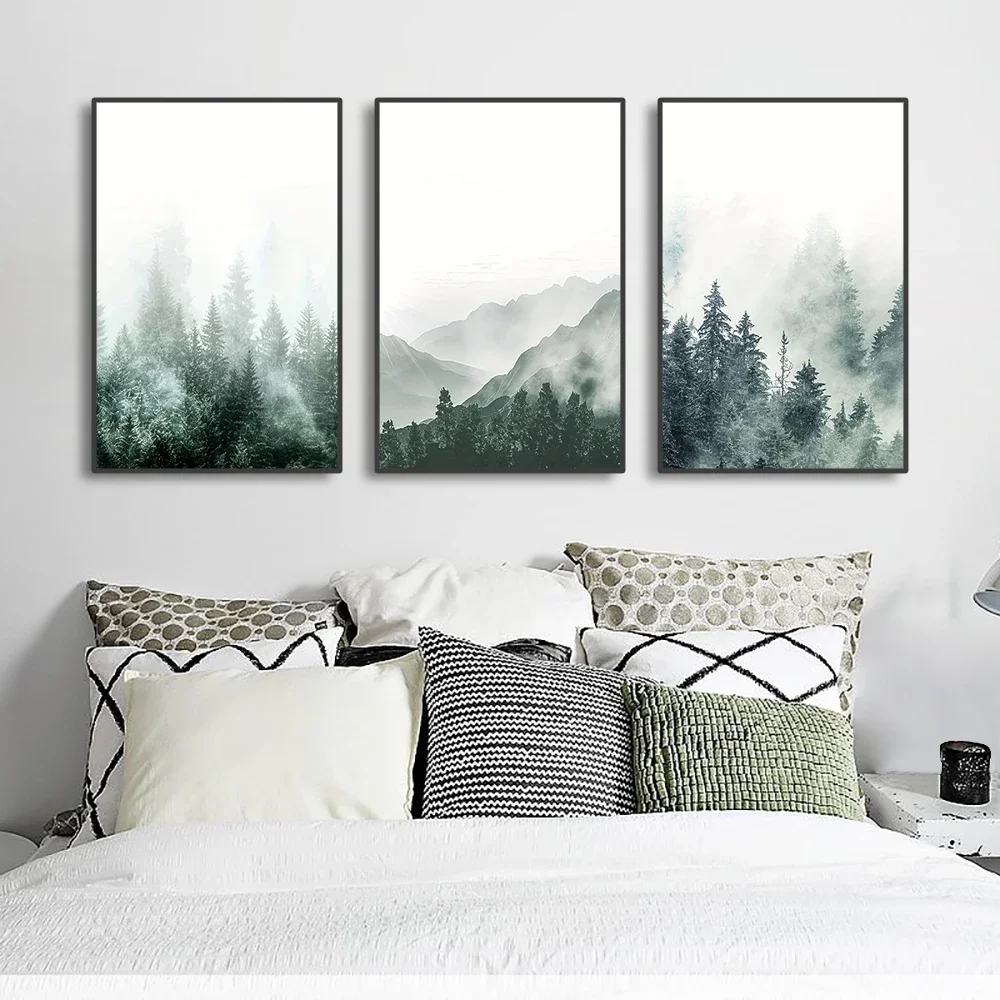 3pcs frameless Canvas Painting 3PCS Frameless Misty Forest Trees Poster Mountain Landscape Canvas Painting Modern Wall Art Decor