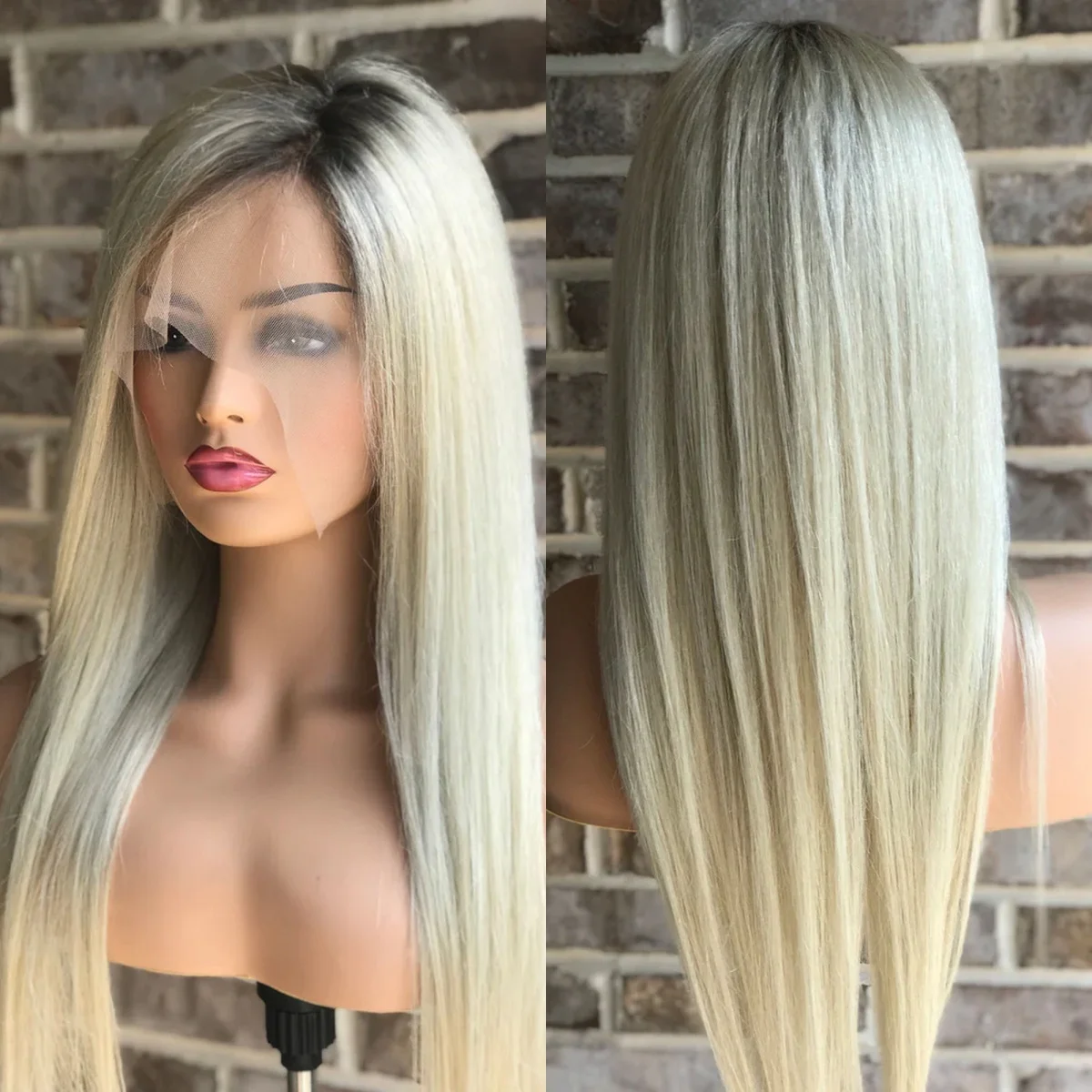 

Легкое обслуживание Натуральные прямые пепельно-белые блондинки Синтетические парики с кружевным верхом Мягкие свободные части Бесклеевые парики 24-дюймовое волокно брюнетки