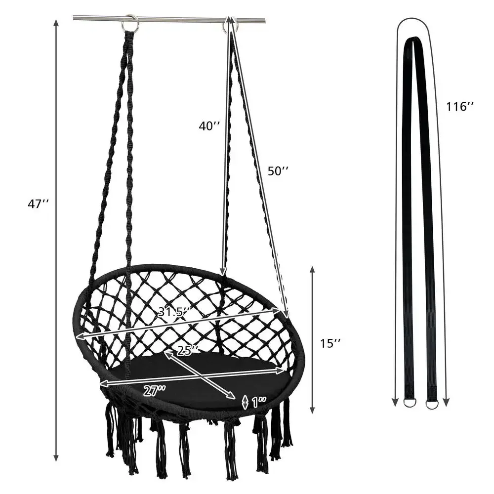Hanging Hammock Swing Chair With Soft Padded Cushion And Decorative Tassels, Sturdy Woven Rope Design Supports 330 Lbs, Includes Complete Hanging Kit For Easy Installation, Ideal For Indoor Outdoor Balcony Porch Backyard Relaxation, Black