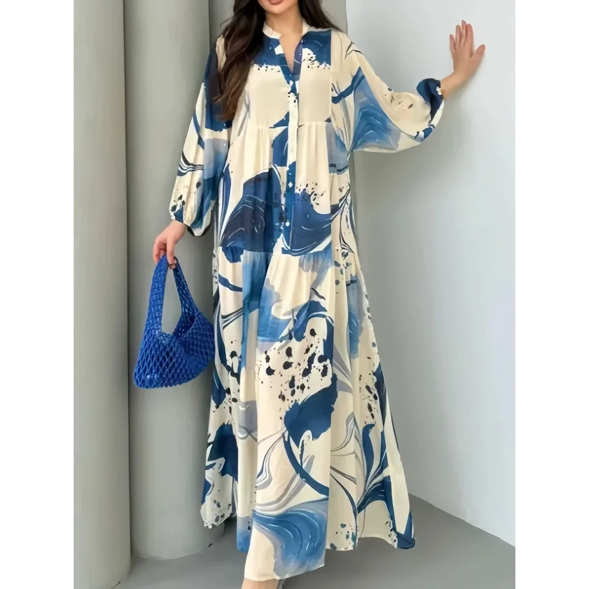 Loose Bohemia Women Maxi Dress Collar Lantern Sleeve Casual Long Dress for Lady Daily Vacation Wear