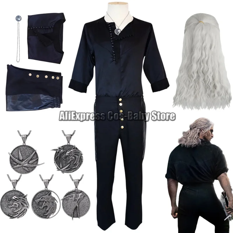 Anime Witcher Cosplay Costume Geralt Role Play of Rivia Uniform Halloween Wear Clothes Geralt Cos Necklace Accessories Wigs Cap