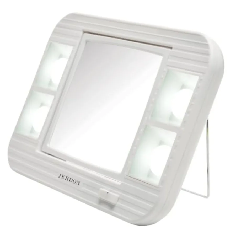 

Two-Sided Makeup Mirror with Lights - Vanity Mirror with 5X Magnification and Two Setting Glare-Free Lighting - White Base - Mo