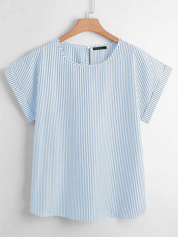 ZANZEA Harajuku Women Short Sleeve Blouse Korean Fashion Stripes Tops 2024 Summer Casual Round Neck Tunics Daily Simple Blusas