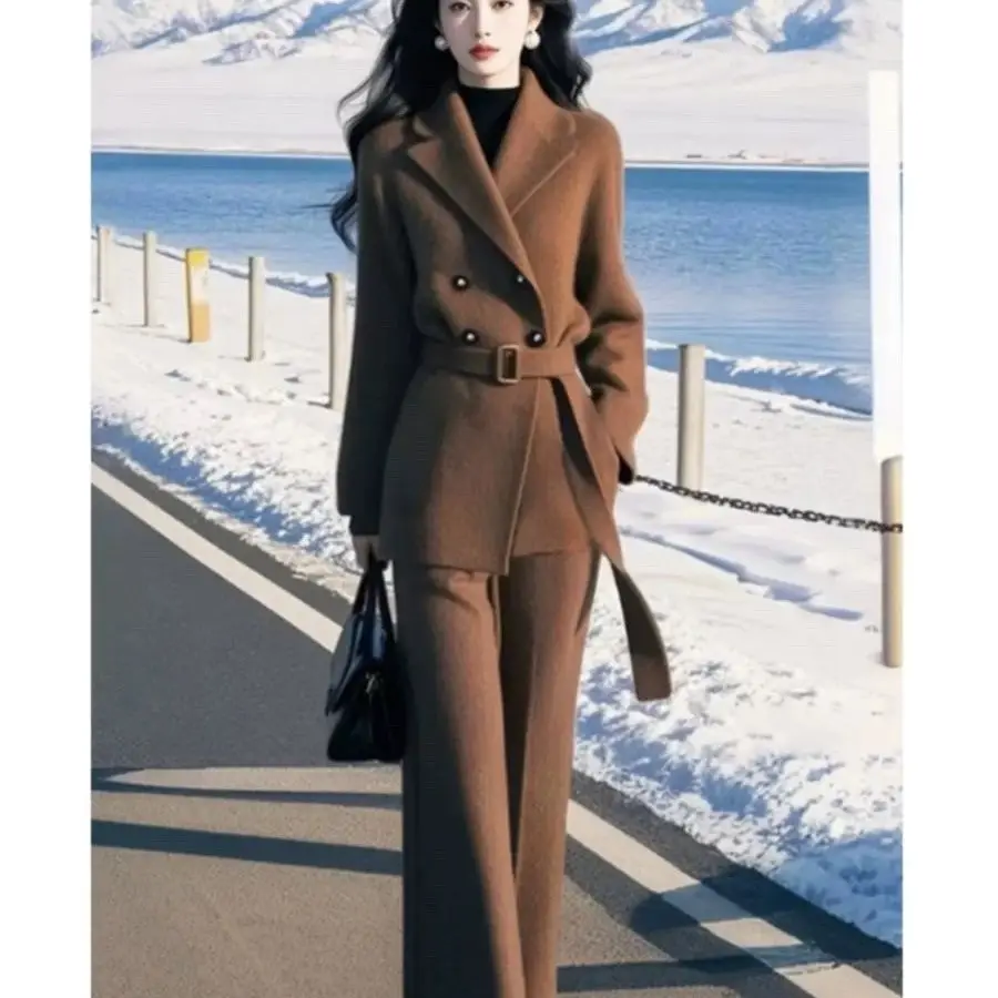 Retro Chic Casual Women's Suiting Set with Notch Collar Woolen Coat And Wide Leg Pants Two Piece Autumn Winter Fashion Ensemble