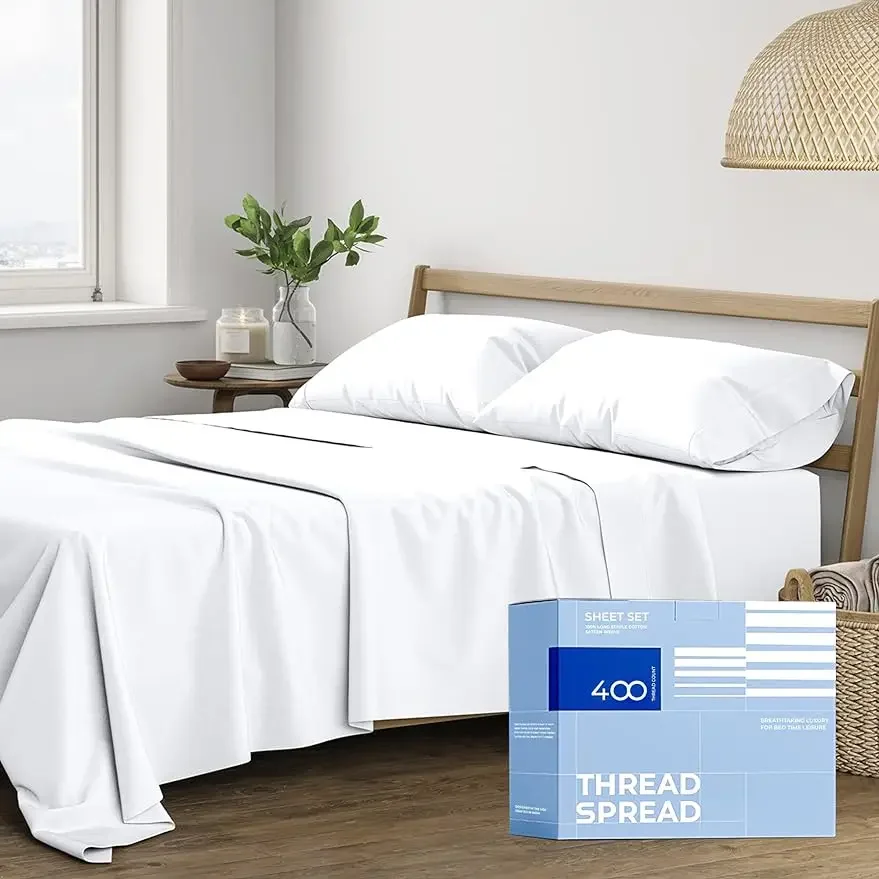 

THREAD SPREAD 100% Cotton Sheets for King Size Bed - 400 Thread Count 4 Piece Cotton Sheet Set - Soft, Breathable Cooling Sheets