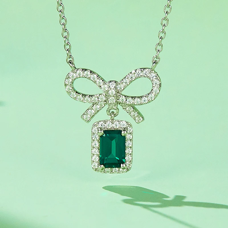 ZOCA Green Emerald Pendant Necklace S925 Sterling Silver Jewelry Women Bow-knot Shape Bling Bling Gift Friend Party Wear Wedding