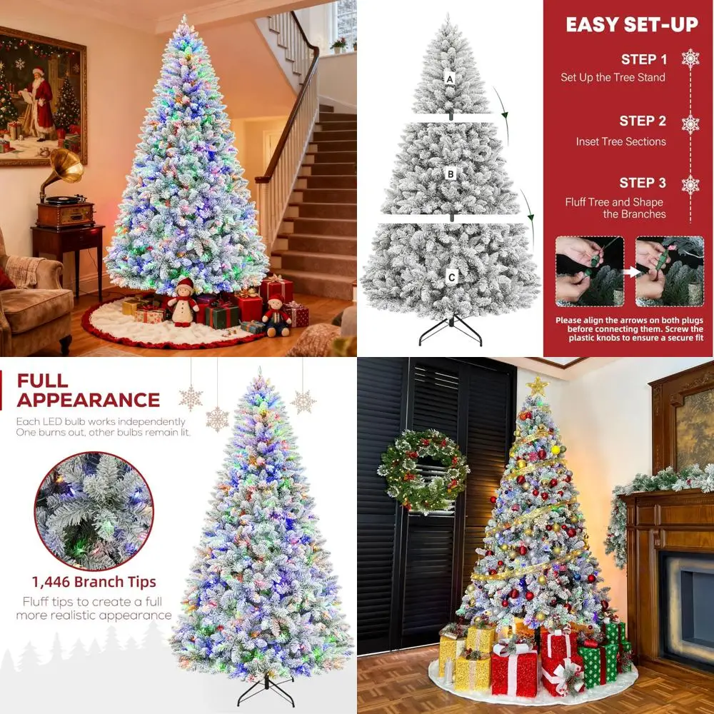 شجرة عيد الميلاد الاصطناعية المتدفقة بالثلج بطول 7.5 أقدام مع 450 مصباح LED متعدد الألوان، 10 أوضاع، 1446 نصائح، ديكور احتفالي مضاء مسبقًا #1